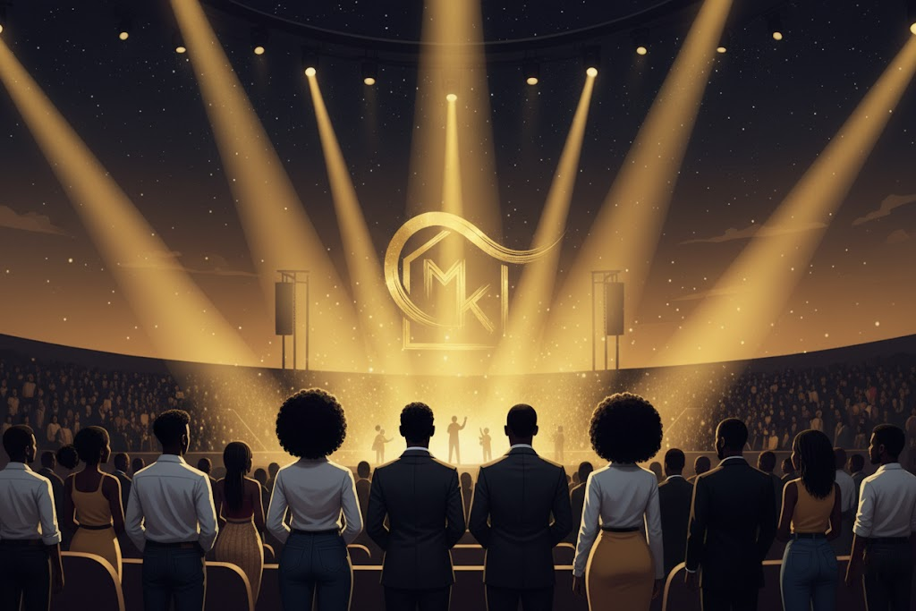 Ambiance de gala afro-culturel, lumières dorées et public élégant