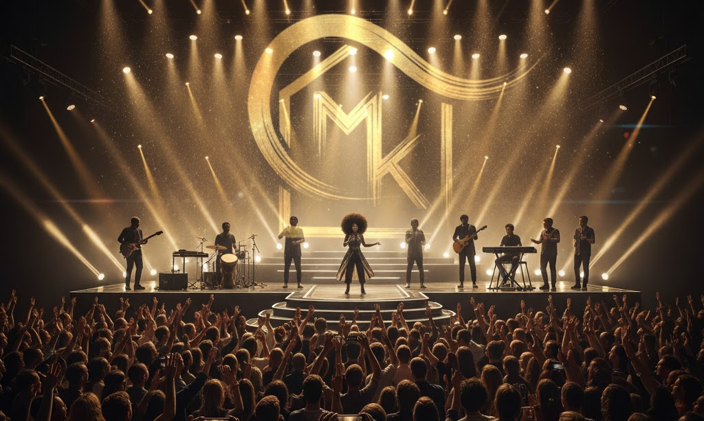 Scène lumineuse avec artistes et public lors d'un événement de prestige